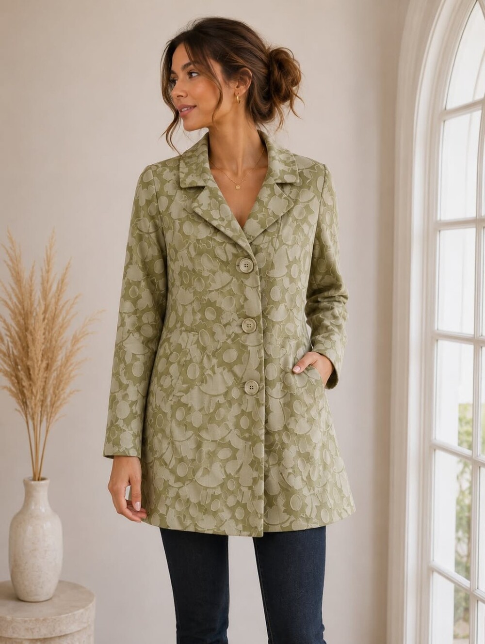 Luisa Cerano Elegant Women's Green Floral Trench Coat